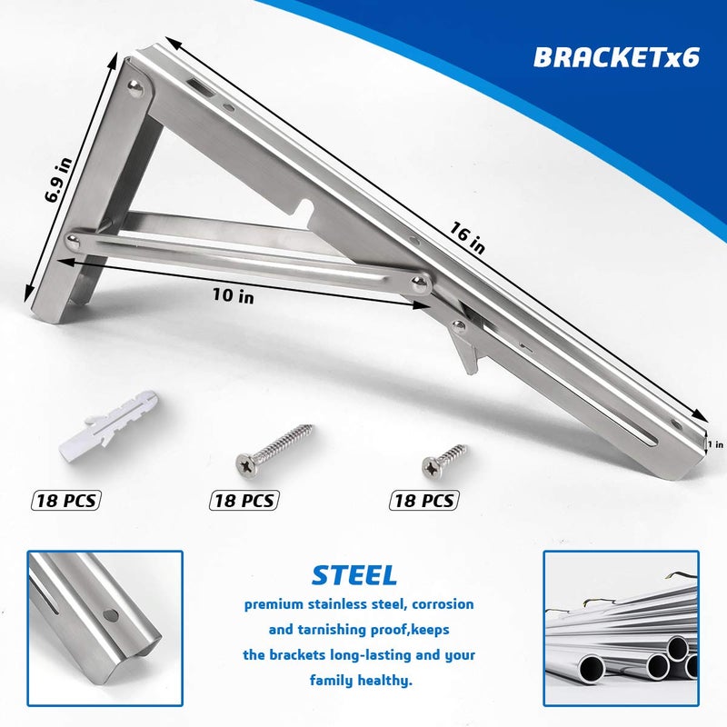 Foozet Folding Shelf Brackets 16 Inch, Heavy Duty Stainless Steel Collapsible Hinges Wall Mounted Angle L Bracket for Floating Shleves DIY Foldable Work Bench Table Desk - 6 Pack - Image 2